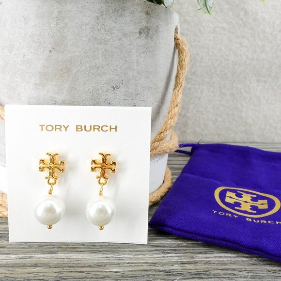 Tory Burch Faux Pearl Logo Drop Earrings New Ivory/Tory Gold OS - Picture 9 of 12